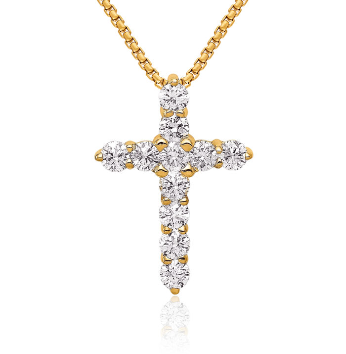 14K Solid Yellow Gold Diamond Latin Mexican Holy Cross Floating Chain Slide Pendant Necklace Religious Jesus Christ Charm