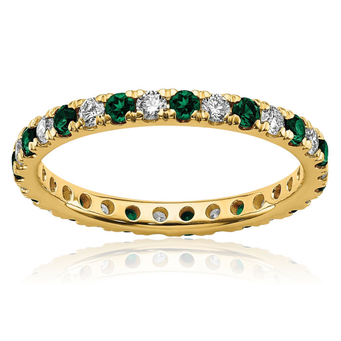 14K Solid Yellow Gold Lab Diamond Green Emerald Eternity Ring May Birthstone Jewelry