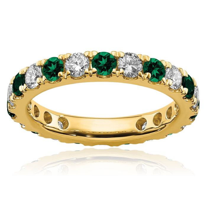 14K Solid Yellow Gold Lab Diamond Green Emerald Eternity Ring May Birthstone Jewelry