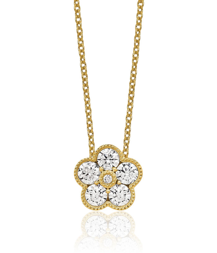 14K Solid Yellow Gold Lab Diamond Flower Necklace Chain