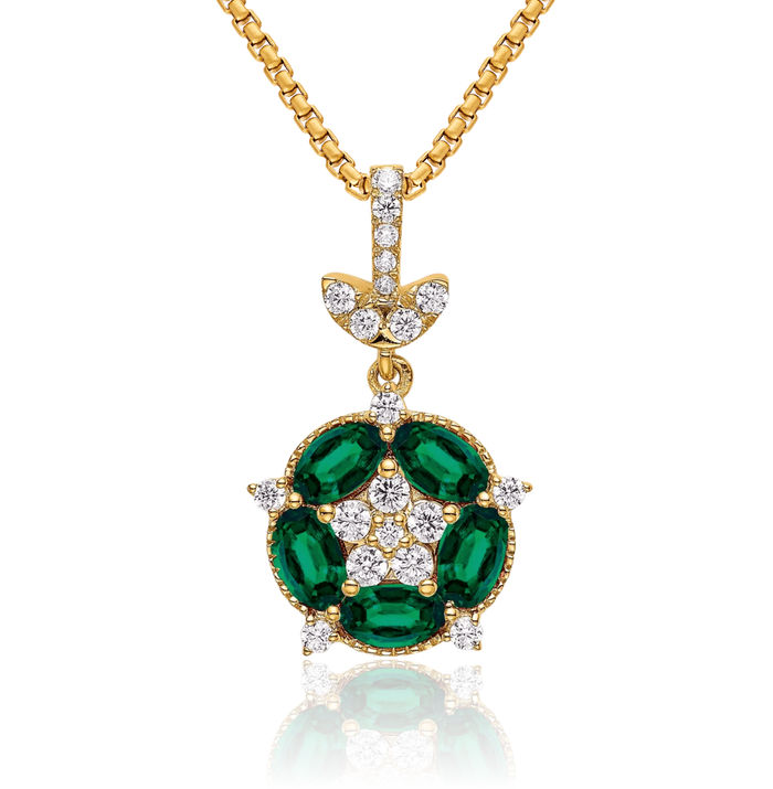 14K Solid Yellow Gold Lab Diamond Flower Green Emerald Necklace Gemstone Pendant Charm