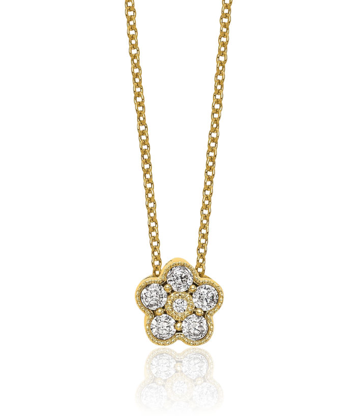 14K Solid Yellow Gold Lab Diamond Flower Pendant Necklace