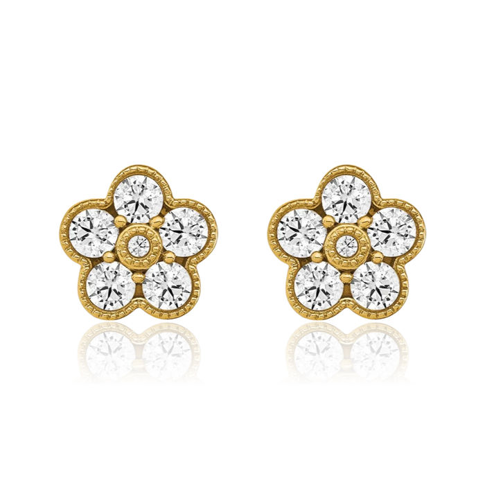 14K Solid Yellow Gold Lab Diamond Flower Stud Earrings