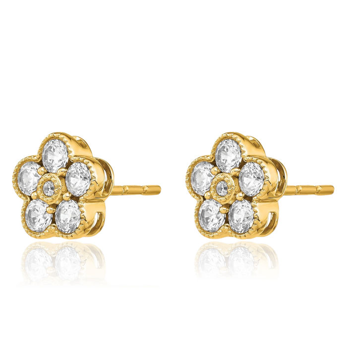 14K Solid Yellow Gold Lab Diamond Flower Stud Earrings