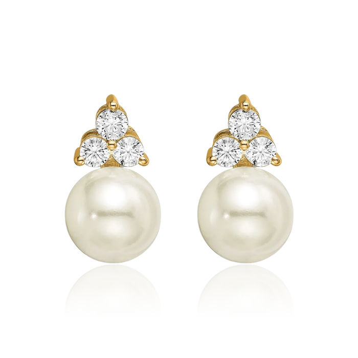 14K Solid Yellow Gold Lab Diamond Freshwater Cultured Pearl Stud Earrings