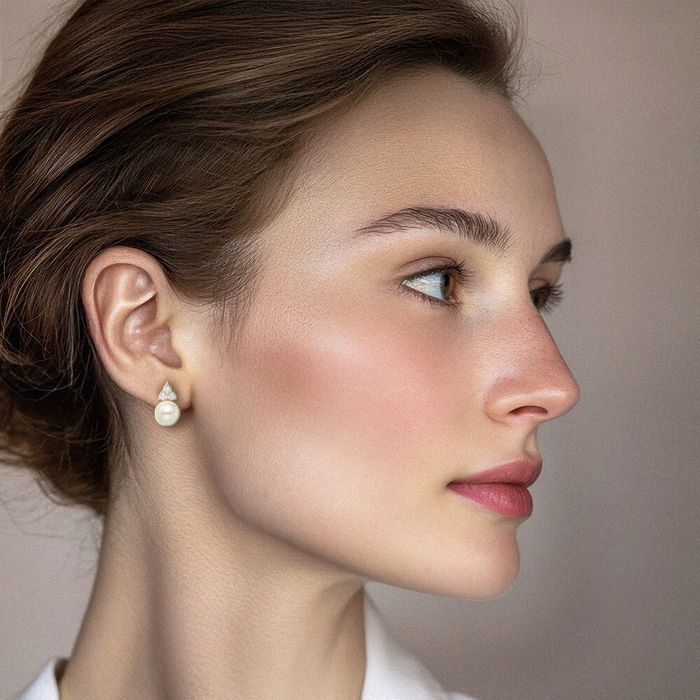 14K Solid Yellow Gold Lab Diamond Freshwater Cultured Pearl Stud Earrings