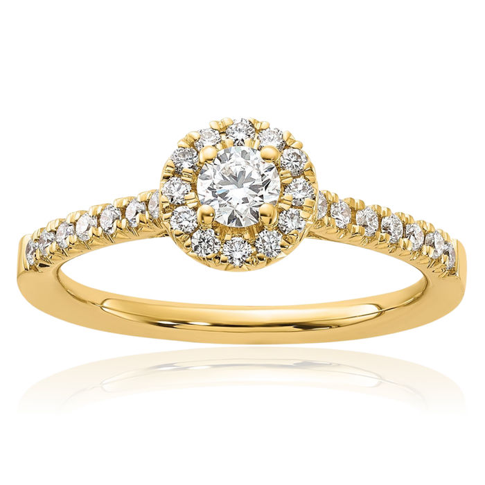 14K Solid Yellow Gold Lab Diamond Halo Round Engagement Ring