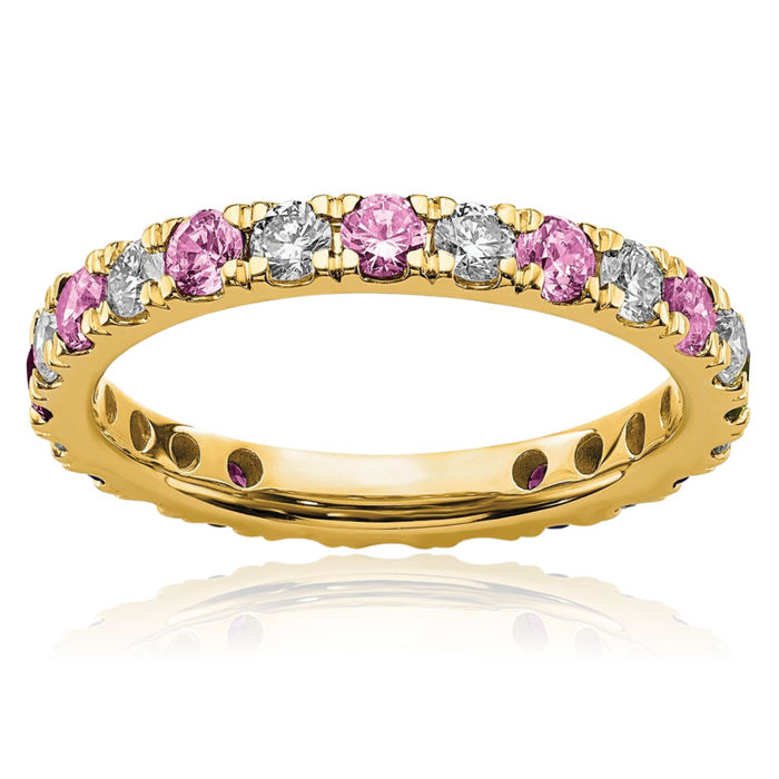 14K Solid Yellow Gold Lab Diamond Pink Sapphire Eternity Ring