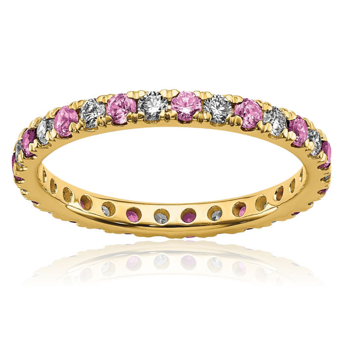 14K Solid Yellow Gold Lab Diamond Pink Sapphire Eternity Ring