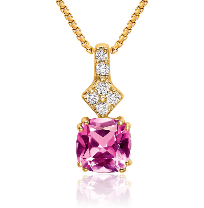 14K Solid Yellow Gold Lab Diamond Pink Sapphire Necklace Gemstone Pendant Charm October Birthstone Jewelry