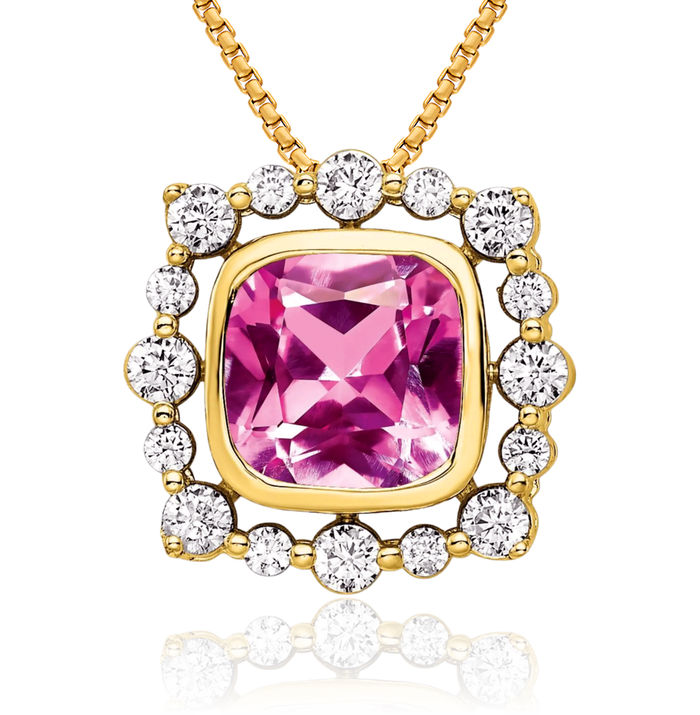 14K Solid Yellow Gold Lab Diamond Pink Sapphire Square Necklace Gemstone Pendant Charm