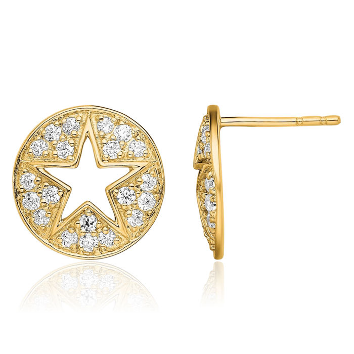 14K Solid Yellow Gold Lab Diamond Circle Round Star Stud Earrings