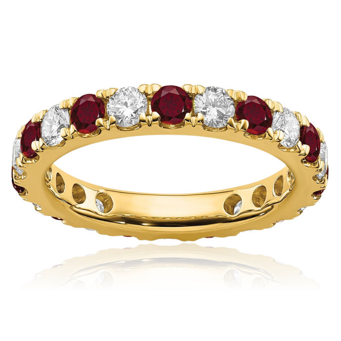 14K Solid Yellow Gold Lab Diamond Red Ruby Eternity Ring