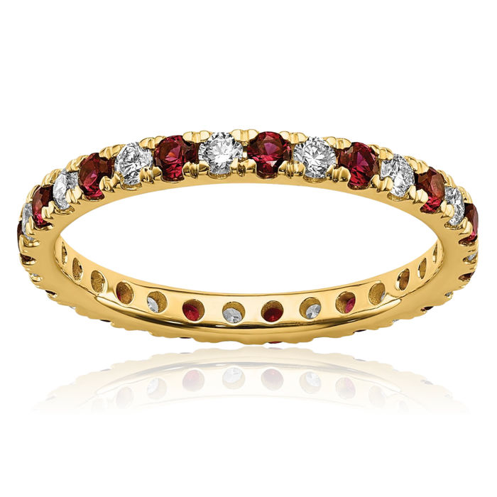 14K Solid Yellow Gold Lab Diamond Red Ruby Eternity Ring