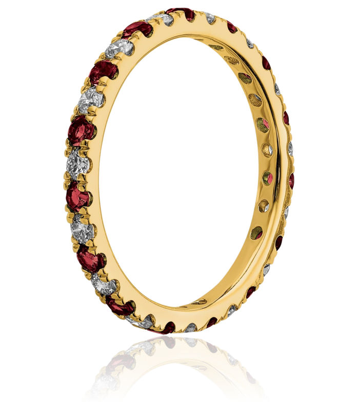 14K Solid Yellow Gold Lab Diamond Red Ruby Eternity Ring