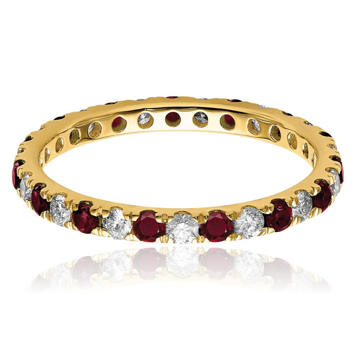 14K Solid Yellow Gold Lab Diamond Red Ruby Eternity Ring