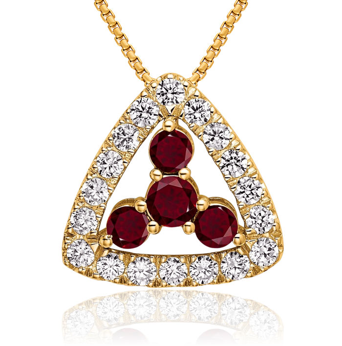 14K Solid Yellow Gold Lab Diamond Red Ruby Triangle Necklace Gemstone Pendant Charm