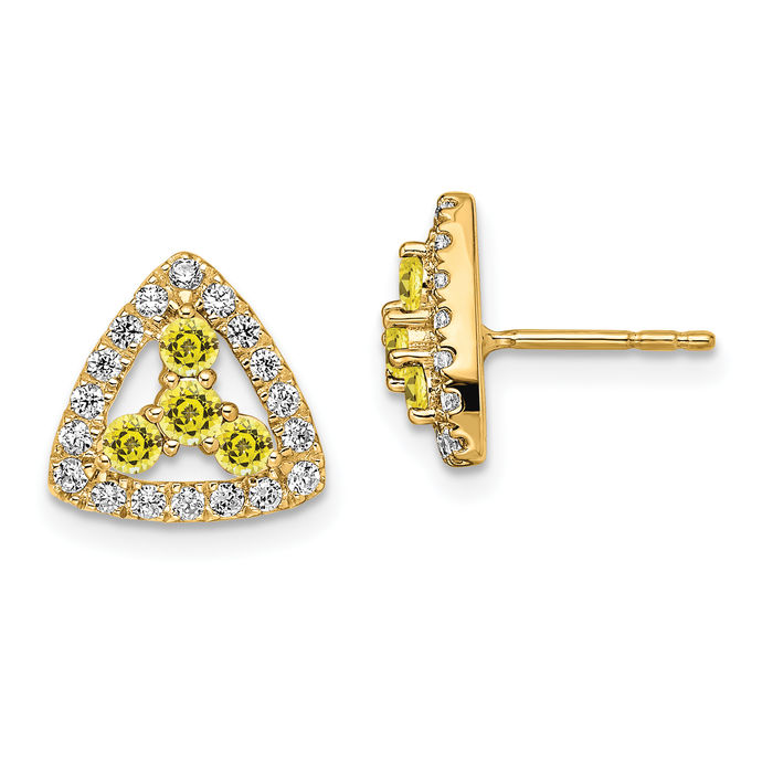 14K Solid Yellow Gold Lab Diamond Sapphire Triangle Studs Gemstone Earrings