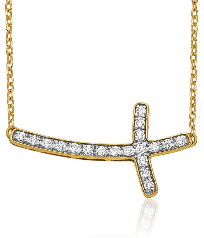 14K Solid Yellow Gold Lab Diamond Sideways Holy Cross Necklace