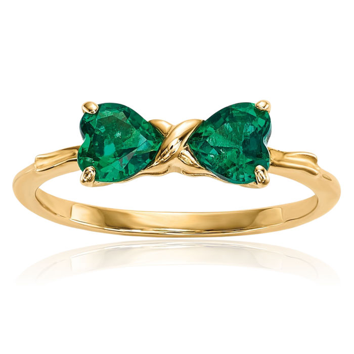 14K Solid Yellow Gold Lab Green Emerald Bow Heart Ring Love Band May Birthstone Jewelry