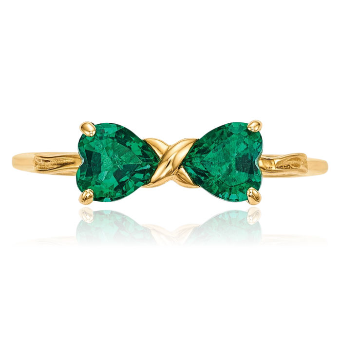 14K Solid Yellow Gold Lab Green Emerald Bow Heart Ring Love Band May Birthstone Jewelry