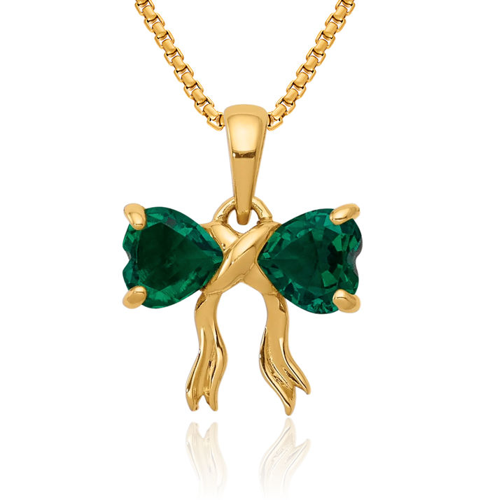 14K Solid Yellow Gold Lab Green Emerald Bow Necklace Heart Gemstone Pendant Charm May Birthstone Jewelry