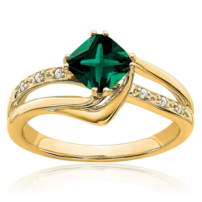 14K Solid Yellow Gold Lab Green Emerald Diamond Ring May Birthstone Jewelry