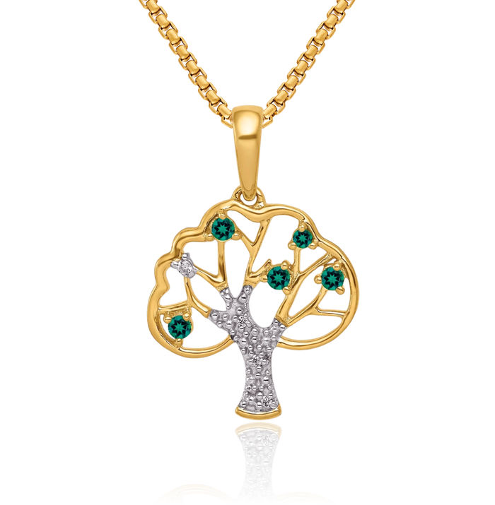 14K Solid Yellow Gold Lab Green Emerald Diamond Tree of Life Necklace Charm Gemstone Pendant