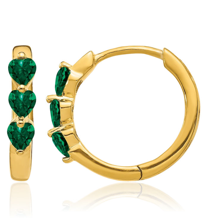 14K Solid Yellow Gold Lab Green Emerald Heart Huggie Small Hoop Earrings