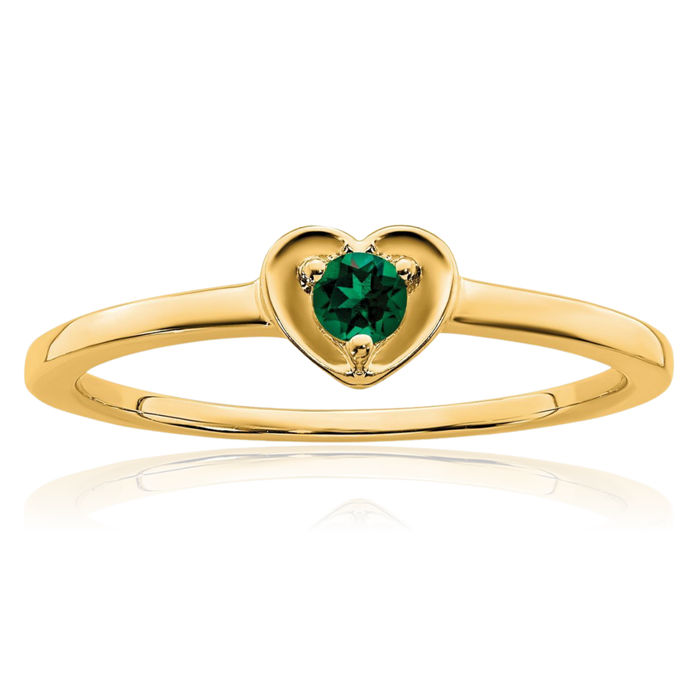 14K Solid Yellow Gold Lab Green Emerald Heart Ring Love Band May Birthstone Jewelry