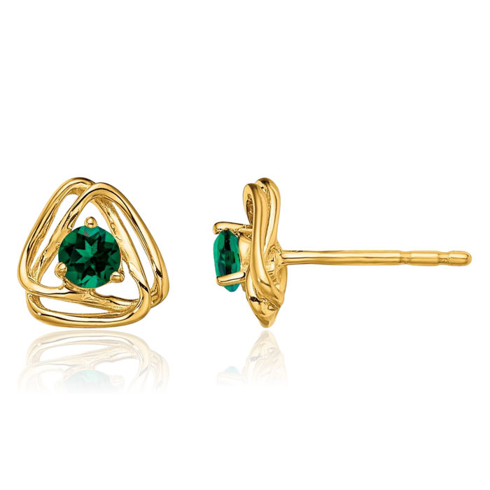 14K Solid Yellow Gold Lab Green Emerald Stud Earrings May Birthstone Jewelry