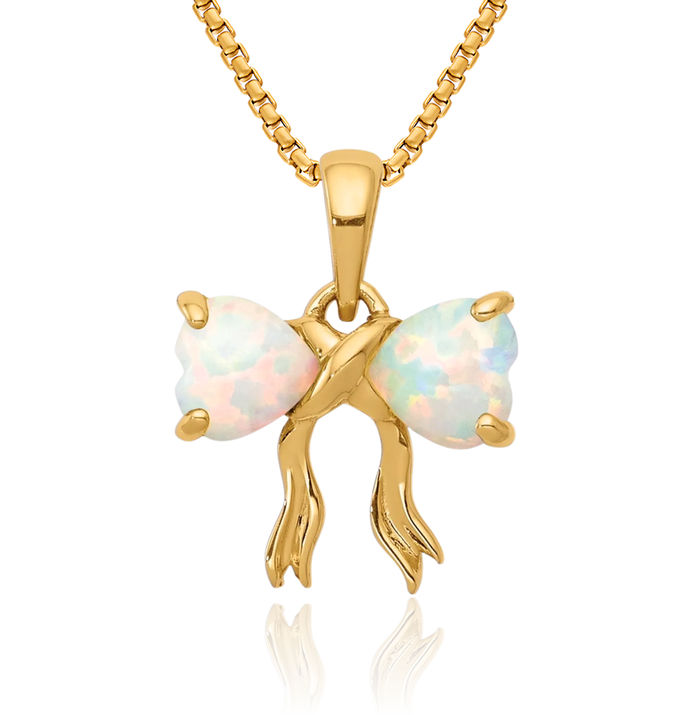 14K Solid Yellow Gold Lab Opal Bow Necklace Heart Gemstone Pendant Charm October Birthstone Jewelry