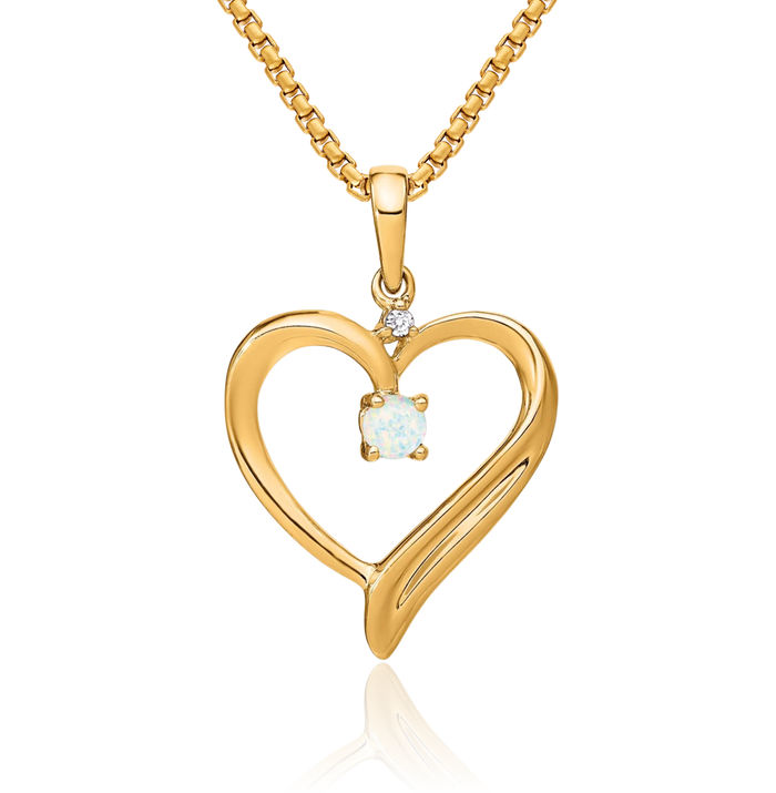 14K Solid Yellow Gold Lab Opal Diamond Heart Necklace Charm Gemstone Pendant