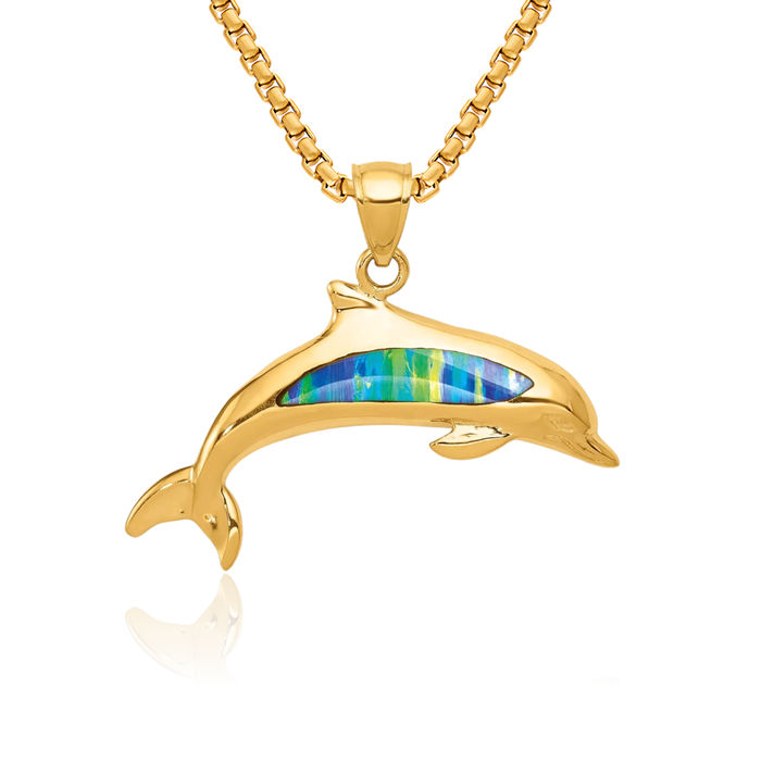 14K Solid Yellow Gold Lab Opal Sea Dolphin Necklace Ocean Fish Pendant Summer Beach Nautical Charm