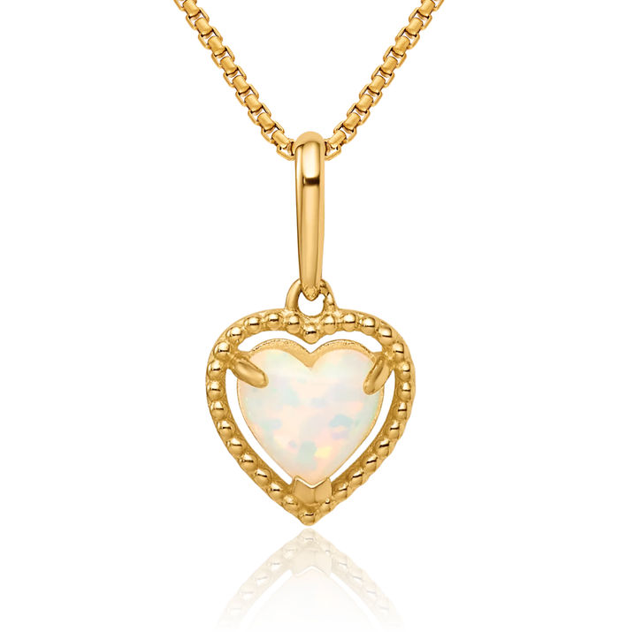 14K Solid Yellow Gold Lab Opal Heart Necklace Charm Gemstone Pendant