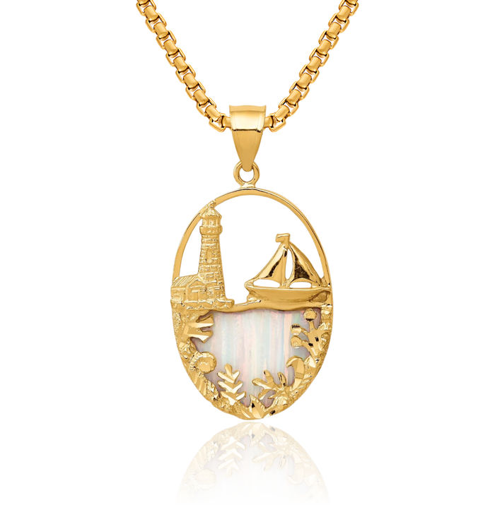 14K Solid Yellow Gold Lab Opal Lighthouse Sailboat Necklace Chain Pendant Charm