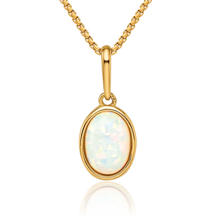 14K Solid Yellow Gold Lab Opal Necklace Charm Gemstone Pendant