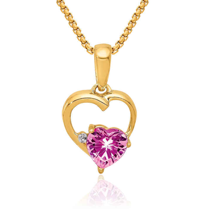 14K Solid Yellow Gold Lab Pink Sapphire Diamond Heart Necklace Gemstone Pendant Charm