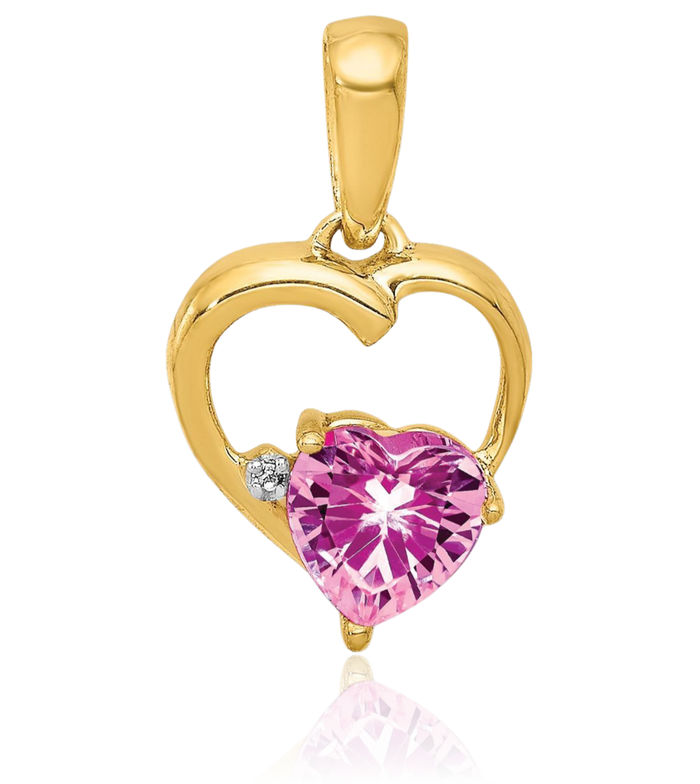 14K Solid Yellow Gold Lab Pink Sapphire Diamond Heart Necklace Gemstone Pendant Charm