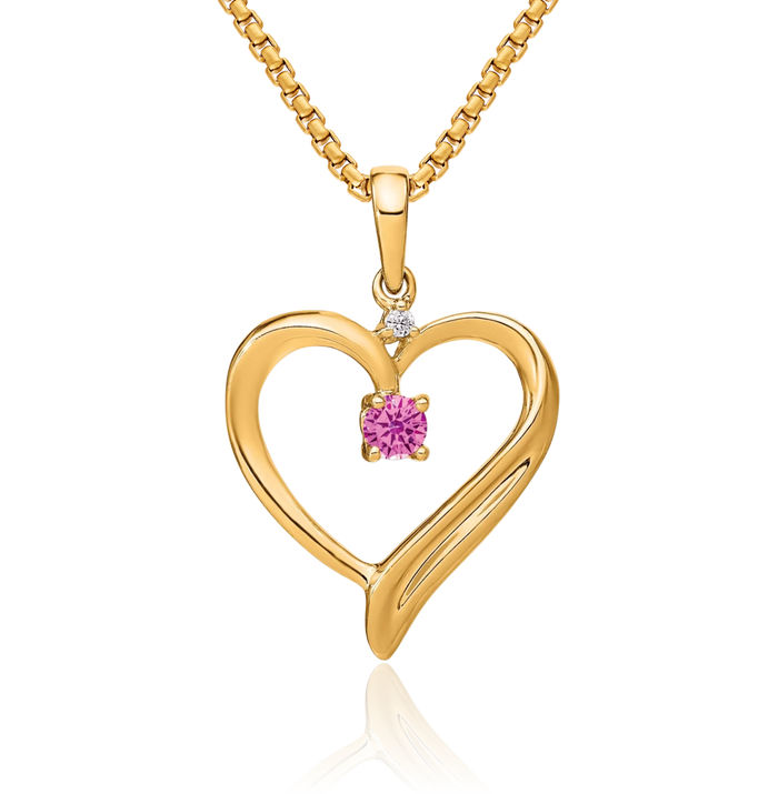 14K Solid Yellow Gold Lab Pink Sapphire Diamond Heart Necklace Charm Gemstone Pendant