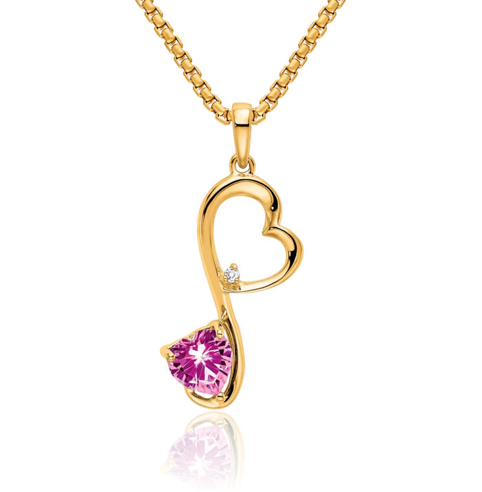 14K Solid Yellow Gold Lab Pink Sapphire Diamond Heart Necklace Charm Gemstone Pendant