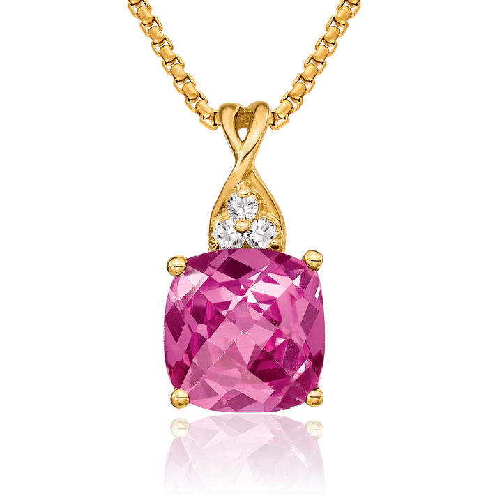 14K Solid Yellow Gold Lab Pink Sapphire Diamond Necklace Charm Gemstone Pendant October Birthstone Jewelry