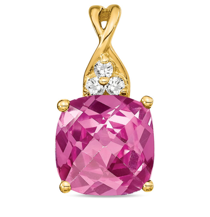 14K Solid Yellow Gold Lab Pink Sapphire Diamond Necklace Charm Gemstone Pendant October Birthstone Jewelry