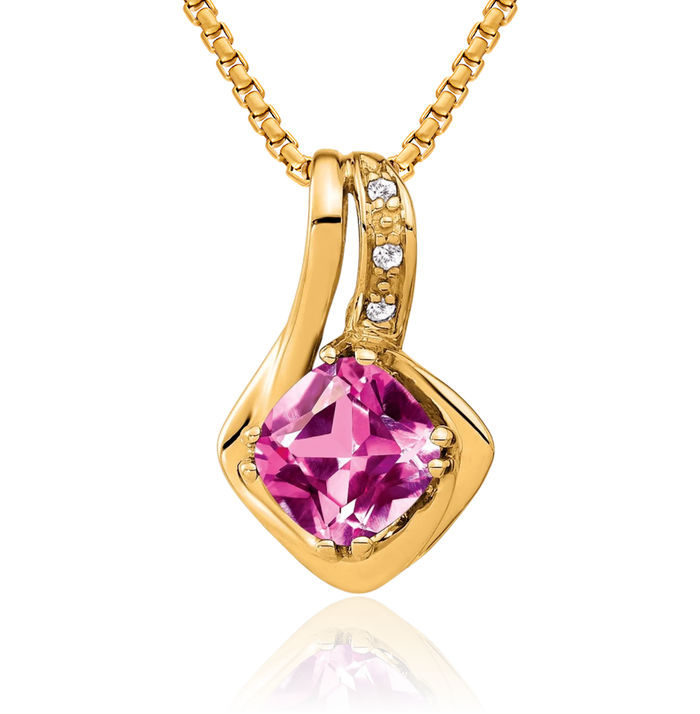 14K Solid Yellow Gold Lab Pink Sapphire Diamond Necklace Charm Gemstone Pendant