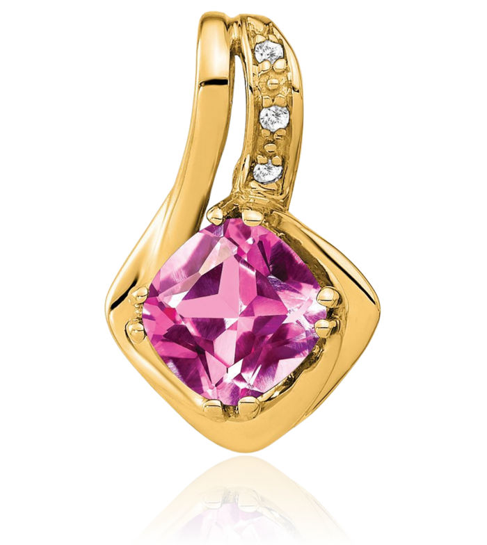 14K Solid Yellow Gold Lab Pink Sapphire Diamond Necklace Charm Gemstone Pendant