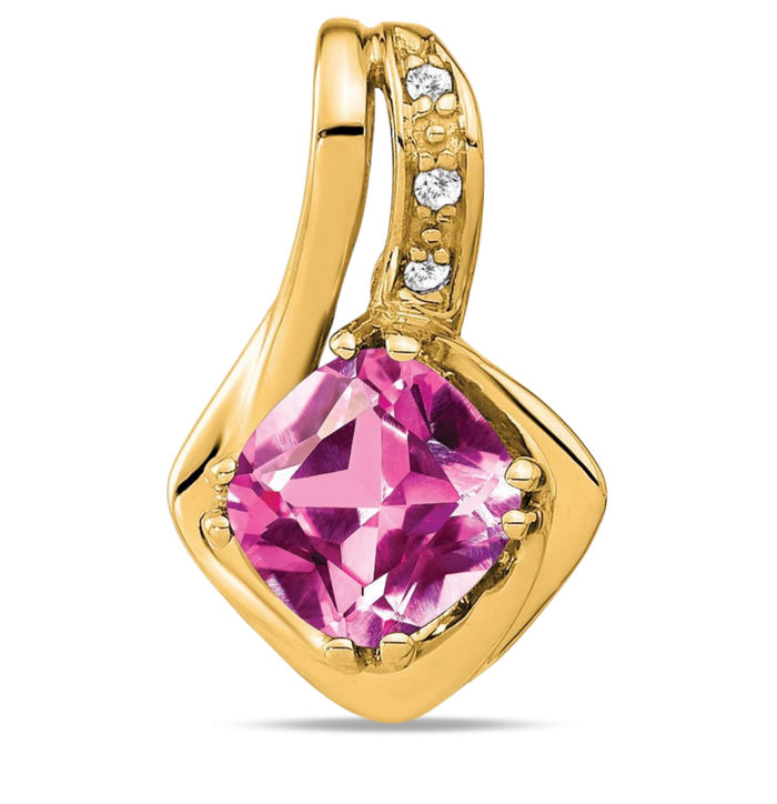 14K Solid Yellow Gold Lab Pink Sapphire Diamond Necklace Charm Gemstone Pendant