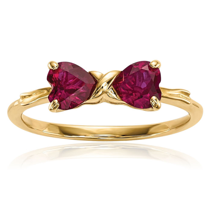 14K Solid Yellow Gold Lab Red Ruby Bow Heart Ring Love Band July Birthstone Jewelry