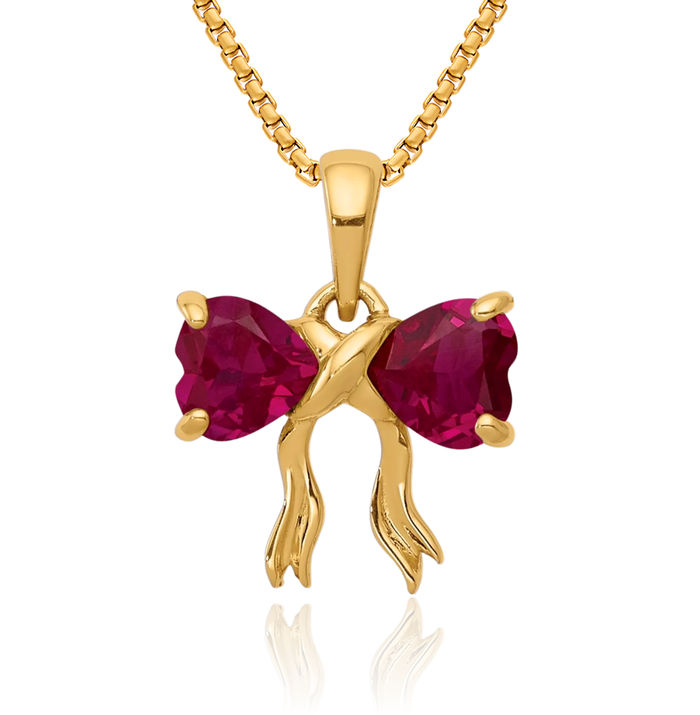 14K Solid Yellow Gold Lab Red Ruby Bow Necklace Heart Gemstone Pendant Charm July Birthstone Jewelry