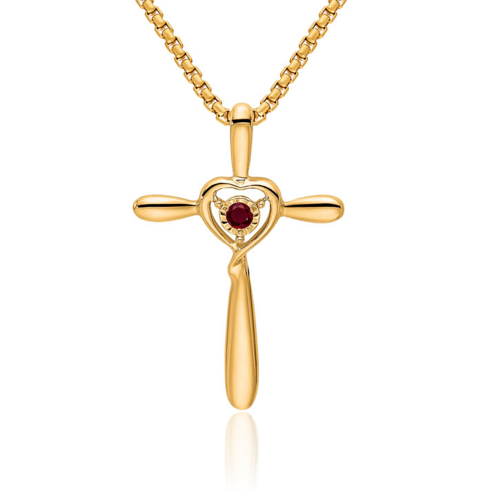 14K Solid Yellow Gold Lab Red Ruby Holy Cross Heart Floating Chain Slide Pendant Necklace Gemstone Charm July Birthstone Jewelry