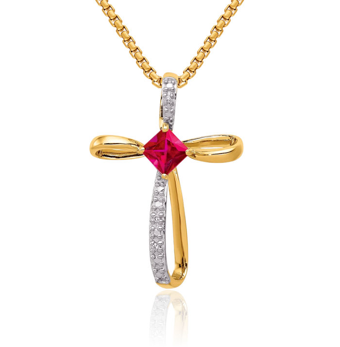 14K Solid Yellow Gold Lab Red Ruby Diamond Holy Cross Slide Necklace Religious Chain Pendant Jesus Christ Charm